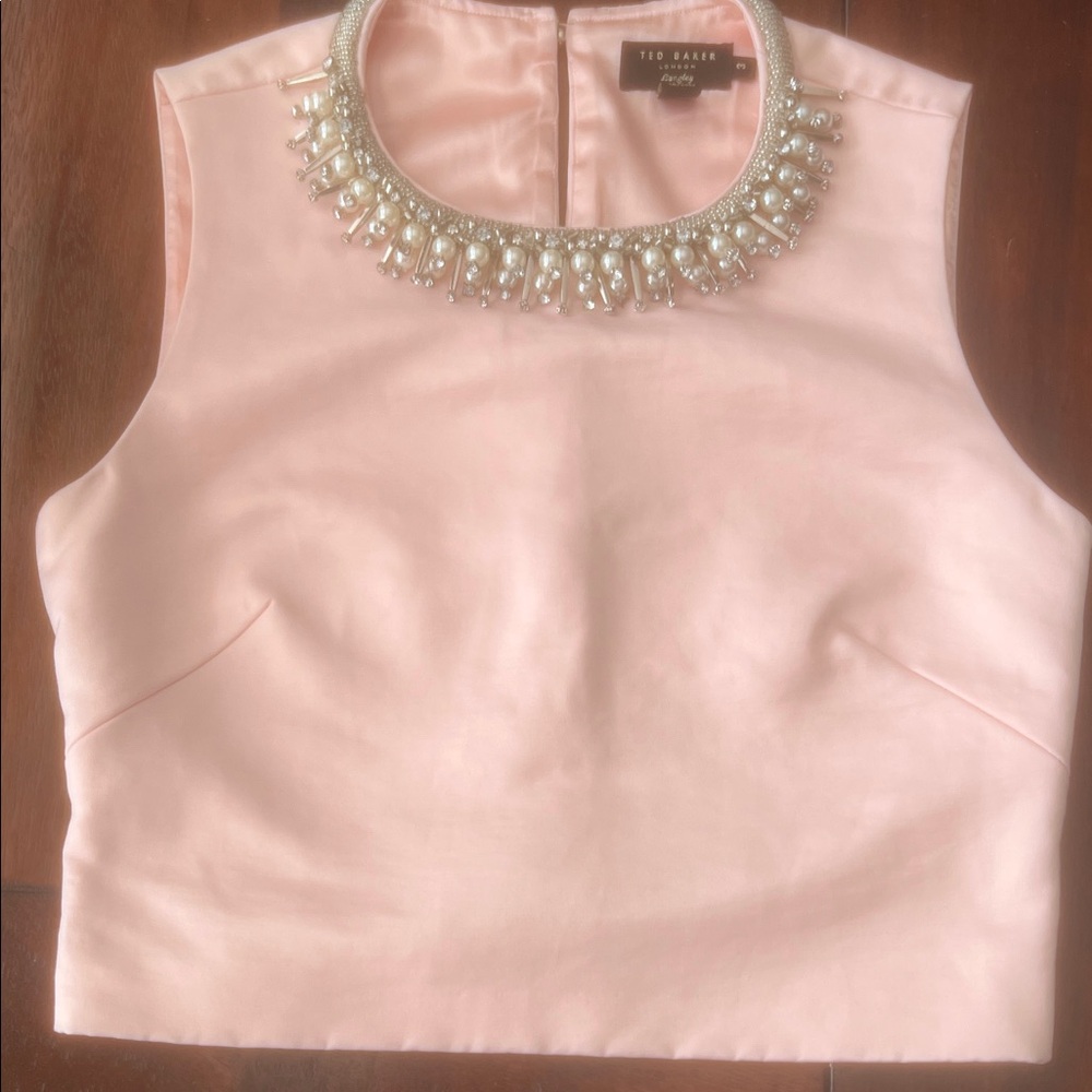 Ted Baker Langley crop top sleeveless w/ beaded nexck. GUC! Lovely satin. Sz 3